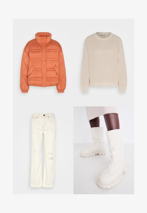 edc by Esprit CLOUD - Χειμωνιάτικο μπουφάν - terracotta; Anna Field Πουλόβερ - grey; BDG Urban Outfitters STRAIGHT - Straight leg jeans - ecru; Λευκές μπότες έως τον αστράγαλο με μαλακή, υφασμάτινη επιφάνεια, φέρουσες παχιά ελαστική σόλα και καμπυλωτό σχήμα για σύγχρονο σχεδιασμό.