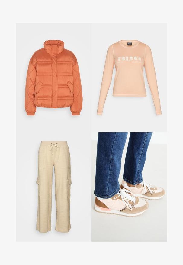 edc by Esprit CLOUD - Chaqueta de invierno - terracotta; Camiseta de manga larga en color durazno hecha de tela suave, con un estampado gráfico blanco que dice "BIDG EST. 1998 BUILT TO LAST" en el frente y costuras en contraste.; Pantalones cargo de pierna ancha en beige con un tejido texturizado, cintura con cordón, dos bolsillos delanteros y un bolsillo lateral, con un corte relajado.; Zapatillas con una mezcla de piel en color rosa empolvado y ante beige, con cordones blancos, una entresuela blanca y una suela de goma texturizada. Jeans de mezclilla ligeramente recortados por encima del zapato.
