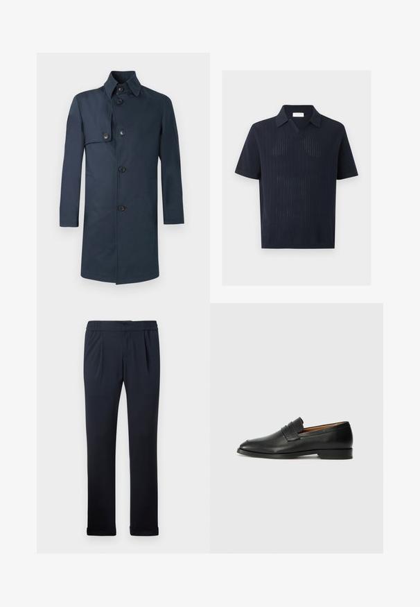Marineblauwe overjas gemaakt van gladde stof met een hoge kraag, zes knopen, zijzakken en een rechte pasvorm met een mid-lengte ontwerp.; Marineblauw gebreid poloshirt met korte mouwen, een gestructureerd verticaal ribbelpatroon en een ontspannen kraag, getoond op een effen achtergrond.; Marineblauwe broek gemaakt van zachte stof, met een elastische tailleband, plooien aan de voorkant en cuffs aan de onderkant. Glad oppervlak, minimalistisch ontwerp.; Zwarte leren instapper met een ronde neus, subtiele stikdetails en een lage hak, met een gladde textuur en een minimalistisch ontwerp.
