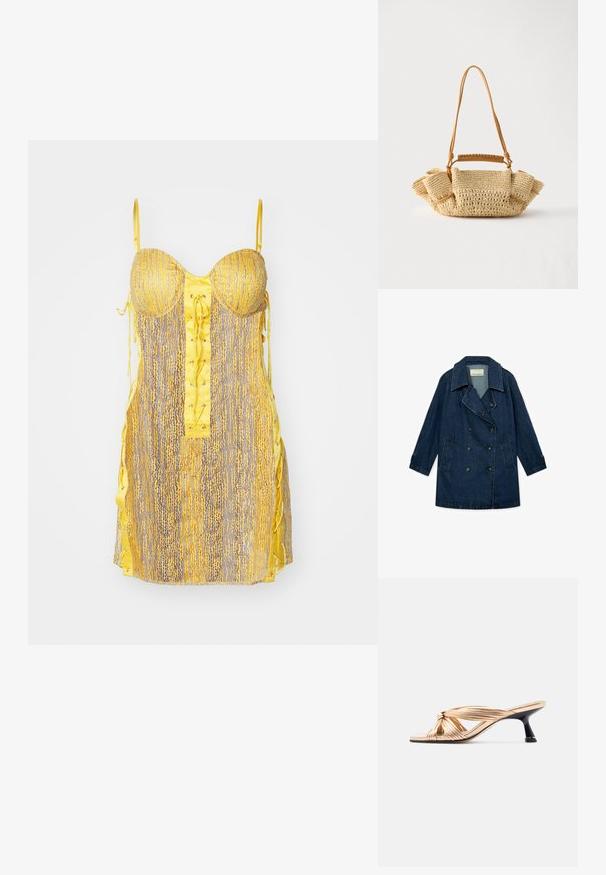 Mørkeblå denim dobbeltradet frakke med bred krave, to forlommer og knapdetaljer ved ærmerne, mærket Trussardi.; Gul og grå kjole med en tætsiddende bodice, snørelukning fortil og sidebind. Har et tekstureret mønster og tynde, justerbare stropper.; Guld sandaler med stropper og kitten-hæl med knudedetalje og sort slank hæl, vist fra siden på hvid baggrund.; Vævet beige håndtaske med en lang tynd strop og opsamlede sider, med et kort håndtag indpakket i læder til forskellige bære muligheder.