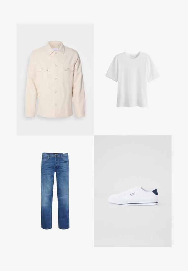Lysebeige button-up skjorte fremstillet af struktureret stof; har to brystlommer, en spids krave og lange ærmer med knapsluttede manchetter.; Hvid, enkelt T-shirt med korte ærmer og rund hals, størrelse medium, vist på hvid baggrund.; Lyseblå denimjeans med et falmet look, lige snit, fem-lommers design og lynlås. Har brune syninger og et logo-patch.; Hvide kanvas sneakers med en marineblå hælaccents, flad gummisål, rund tå og hvide snørebånd. Har logo på siden.