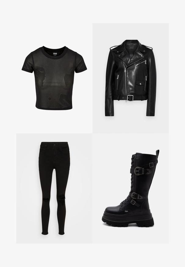 Chaqueta de moto de cuero negro con un acabado texturizado, cremallera asimétrica, múltiples bolsillos con cremallera y cintura con cinturón. Incluye detalles de diseño clásico.; Camiseta corta negra hecha de tela translúcida, con mangas cortas y escote redondo. Superficie texturizada y dobladillo sólido en contraste.; American Eagle SUPER HIGH RISE - Jeggings - black wash; Bota de combate negra hasta la mitad de la pantorrilla con suela de plataforma gruesa, cordones delanteros y tres hebillas decorativas en el lateral.