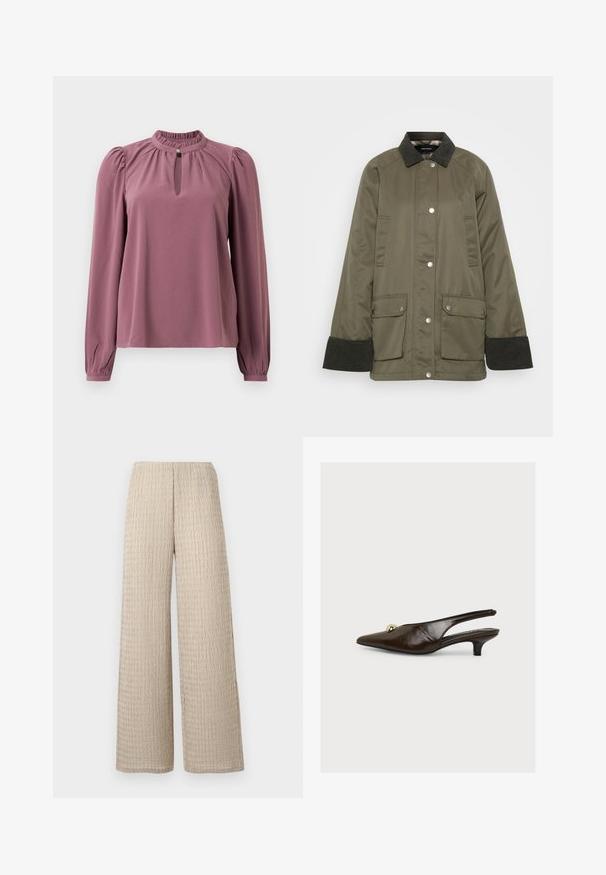 Olivgrüne Jacke mit einem Cordkragen, Druckknopfverschluss und zwei Vorderaschen. Hat eine lockere Passform und gerippte Bündchen.; Langärmlige mauve Bluse mit gerafftem Kragen, Schlüsselloch-Ausschnitt mit Knopfverschluss und leicht gepufften Schultern.; Beige Hosen mit weitem Bein, versehen mit einem dezenten wellenförmigen Muster und einem elastischen Bund, dargestellt vor einem weißen Hintergrund.; Dunkelbrauner Slingback-Absatz aus Lackleder mit spitzer Kappe, kleiner goldener Zierkugel und niedrigem Kitten-Heel, auf schlicht weißem Hintergrund gezeigt.