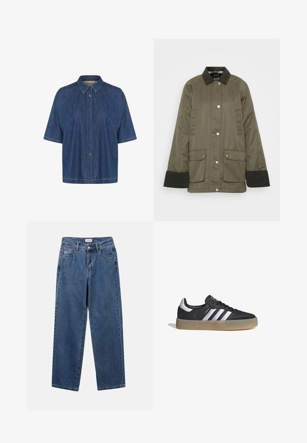 Chaqueta verde oliva con cuello de pana, cierre de botones a presión y dos bolsillos frontales. Presenta un corte relajado y puños acanalados.; Camisa de denim de manga corta en azul oscuro, con cuello puntiagudo y cierre frontal con botones; textura suave con detalles de costura visibles.; Jeans de mezclilla azul clásico con un diseño de pierna recta, cinco bolsillos y cierre de botón. Presenta un lavado medio y una textura resistente.; Zapatilla deportiva de cuero negro con tres rayas plateadas, punta texturizada y suela de goma. Cuenta con un collar acolchado y un diseño con cordones.