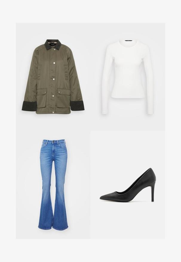 Veste vert olive avec un col en velours côtelé, fermeture à boutons-pression et deux poches avant. Présente une coupe décontractée et des poignets côtelés.; Chemise blanche à manches longues en rib avec un col rond et une silhouette ajustée. Texture lisse avec un design simple, sans motifs ni accents.; Jean claires à pattes d'éléphant en denim, présentant une taille haute, cinq poches et un léger dégradé vers l'ourlet. Fermeture par un bouton en métal argenté.; Escarpin noir à talon aigu, en cuir lisse, présentant un design élégant et un talon cylindrique fin.