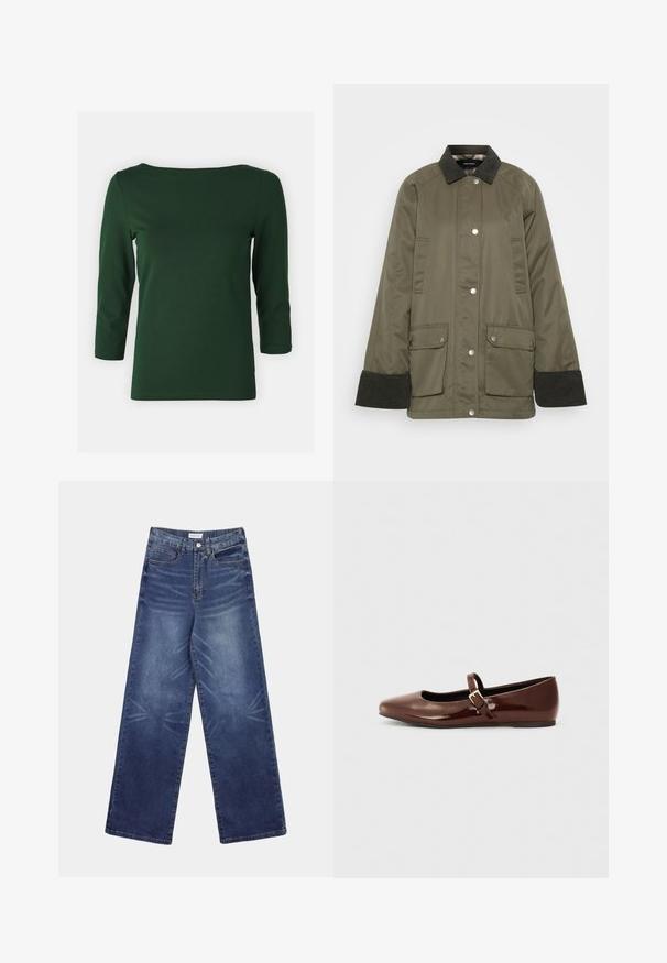 Chaqueta verde oliva con cuello de pana, cierre de botones a presión y dos bolsillos frontales. Presenta un corte relajado y puños acanalados.; Top de color verde oscuro, de manga larga y con escote barco. Textura suave, diseño ajustado y mangas de longitud media. Sin patrones ni acentos visibles.; Pantalones vaqueros de pierna ancha en azul oscuro, con cintura alta, patrones de desvanecimiento pronunciados en el frente y el clásico estilo de cinco bolsillos.; Bailarina de charol marrón con punta cuadrada y tira que presenta una pequeña hebilla dorada. Textura suave, tacón bajo y diseño minimalista.