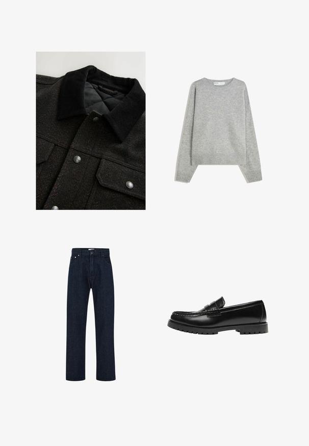 Sort og brun jakke i herringbone mønster med en kordfløjlskrave, trykknapper og en quiltet foring. Stof ser tekstureret ud.; Grå strikket sweater med rund halsudskæring, ribbede manchetter og kant, med en afslappet pasform og blød tekstur.; Mørkeblå lige denim jeans med foran knap- og lynlåslukning, bælteholdere og forlommer.; Sort læderloafer med en kraftig gummisål og klassiske penny-strap detaljer, vist fra ydersiden.