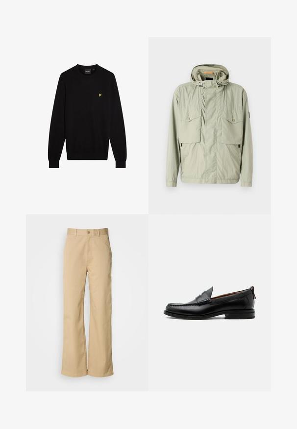 Chaqueta ligera de color verde claro con capucha, dos bolsillos en el pecho y cremalleras laterales. Presenta una textura suave y cordones ajustables.; Jersey negro hecho de tela suave, con cuello redondo y mangas largas. Pequeño logo amarillo bordado en el pecho izquierdo.; Pantalones beige de pierna ancha, hechos de una mezcla de algodón. Presentan un cierre de botón y trabillas para cinturón. Textura suave, con detalles de costura mínimos.; Mocasín de hombre de piel negra con costura moc toe, tira penny, cuello texturizado y tacón bajo apilado sobre fondo blanco.