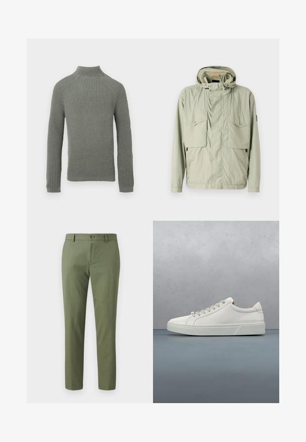 Lys grøn letvægtsjakke med hætte, to brystlommer og sidezipper. Har en glat tekstur og justerbare snore.; Ribbet striktrøje i lysegrøn med høj krave, lange ærmer og tætsiddende design. Teksturen er blød og let strækbar.; Grønne bukser lavet af struktureret stof, med slim fit, lige ben og knaplukning foran. Velegnede til afslappet eller formelt brug.; Hvid lædersneaker med rund tå, minimalistisk design, grå snørebånd og en tekstureret grå gummisål. Subtile syningsdetaljer er synlige.