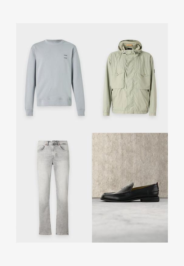Lys grøn letvægtsjakke med hætte, to brystlommer og sidezipper. Har en glat tekstur og justerbare snore.; Lys grå sweatshirt lavet af blødt stof, med rund halsudskæring, ribbede manchetter og kant, samt to sorte "SAMSØE" logoer på brystet.; Lysegrå denimjeans med lige pasform, falmet vask, fem lommer og lynlåslukning. Har diskrete syningsdetaljer.; Sort læder herreloafer med krokodillepræget forstykke og lav hæl, vist i profil på en neutral baggrund.