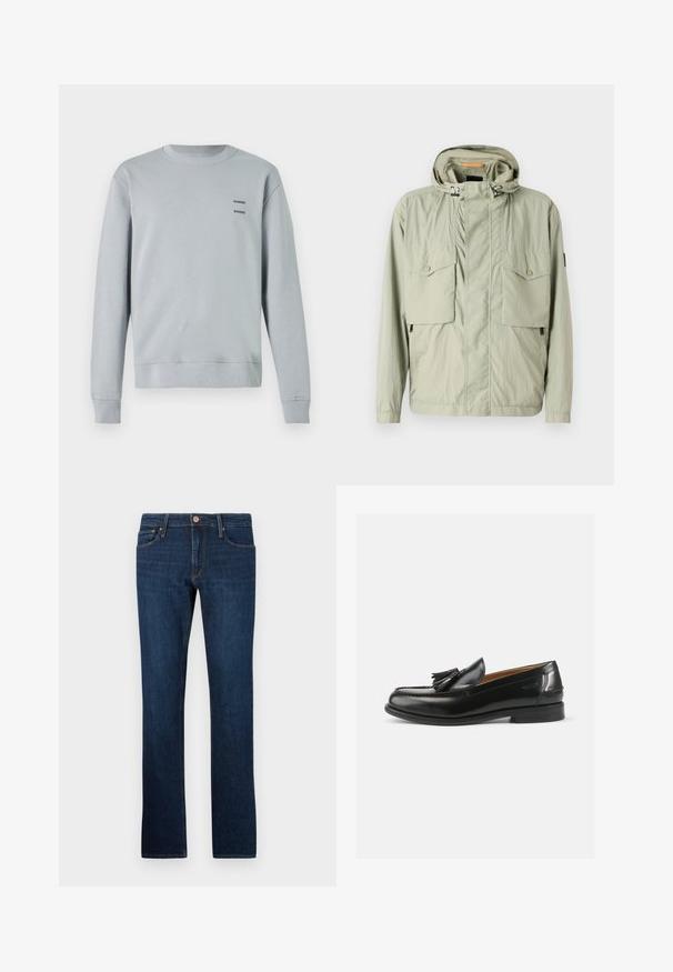 Helle grüne leichte Jacke mit Kapuze, zwei Brusttaschen und seitlichen Reißverschlüssen. Sie hat eine glatte Textur und verstellbare Kordeln.; Helles grau Sweatshirt aus weichem Material, mit runder Ausschnitt, gerippten Bündchen und Saum, sowie zwei schwarzen "SAMSØE" Logos auf der Brust.; Dunkelblaue Jeans aus Denim mit geradem Bein, fünf Taschen und einem vorderen Knopfverschluss. Glatte Textur mit subtilen Nähdetails.; Schwarze Leder Slipper mit einem Quastenakzent, runder Spitze und glatter Oberfläche. Die Sohle ist flach mit minimalem Profil.