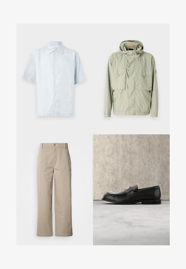 Veste légère vert clair avec capuche, deux poches poitrine et zips latéraux. Présente une texture lisse et des cordons de serrage ajustables.; Chemise bleu clair à manches courtes avec un motif de feuilles subtil, fermeture à boutons, et un col classique fabriquée dans un tissu lisse et texturé.; Pantalon beige à jambes larges en coton ; doté de poches plaquées à l'avant, d'une fermeture à bouton et de coutures visibles le long des ourlets.; Mocassin en cuir noir avec une plaque de marque en métal reposant près d'une table ronde marron sur un sol recouvert de moquette beige.