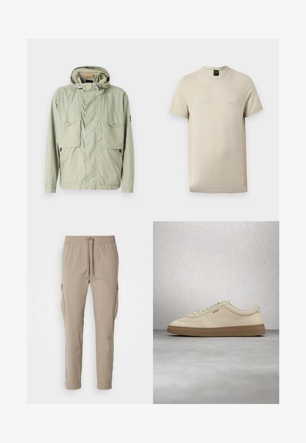 Chaqueta ligera de color verde claro con capucha, dos bolsillos en el pecho y cremalleras laterales. Presenta una textura suave y cordones ajustables.; Camiseta de manga corta beige con cuello redondo, textura sutil y pequeño logo en relieve "BOSS" en el lado izquierdo del pecho.; Pantalones cargo beige con cintura elástica y cordón. Presenta bolsillos laterales y un diseño de pierna ajustada, fabricados en tela ligera.; Zapatilla de ante beige claro con suela de goma color caramelo, cordones prominentes y detalles de costura sutiles. Diseño limpio con una estética minimalista.