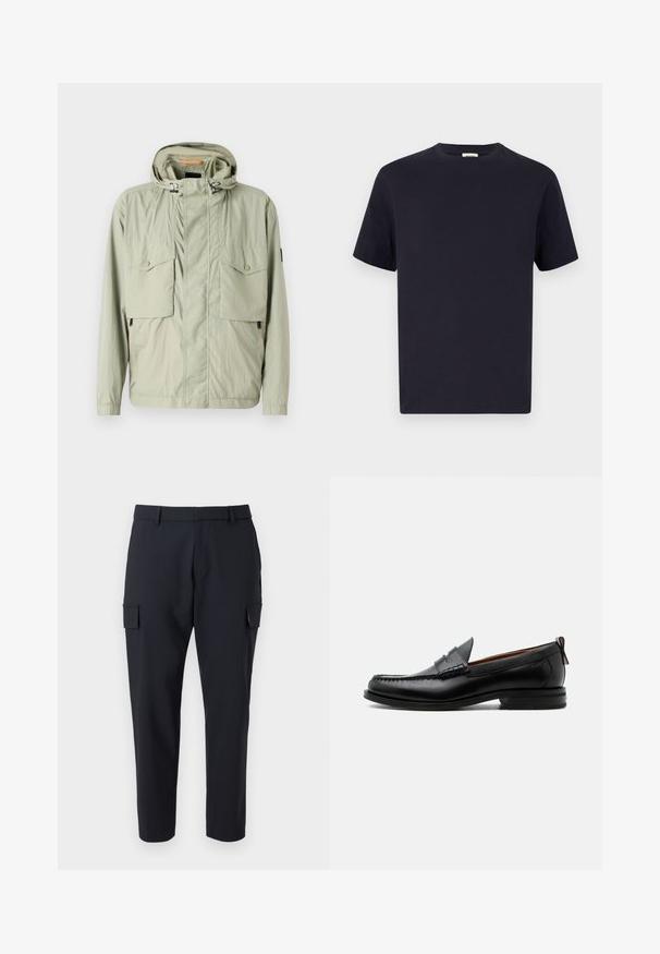 Lichtgroene lichtgewicht jas met een capuchon, twee borstzakken en zijritsen. Beschikt over een zachte textuur en verstelbare trekkoorden.; Navy blauwe katoenen T-shirt met een ronde hals, korte mouwen en een relaxte pasvorm; gladde textuur; geen zichtbare patronen of hardware.; Donkerblauwe cargobroek met rechte pijpen, twee zijzakken en een vlakke voorkant. Gemaakt van een lichtgewicht stof.; Zwarte leren herensloffen met moc toe stiksel, pennyriem, gestructureerde kraag en lage gestapelde hak op witte achtergrond.