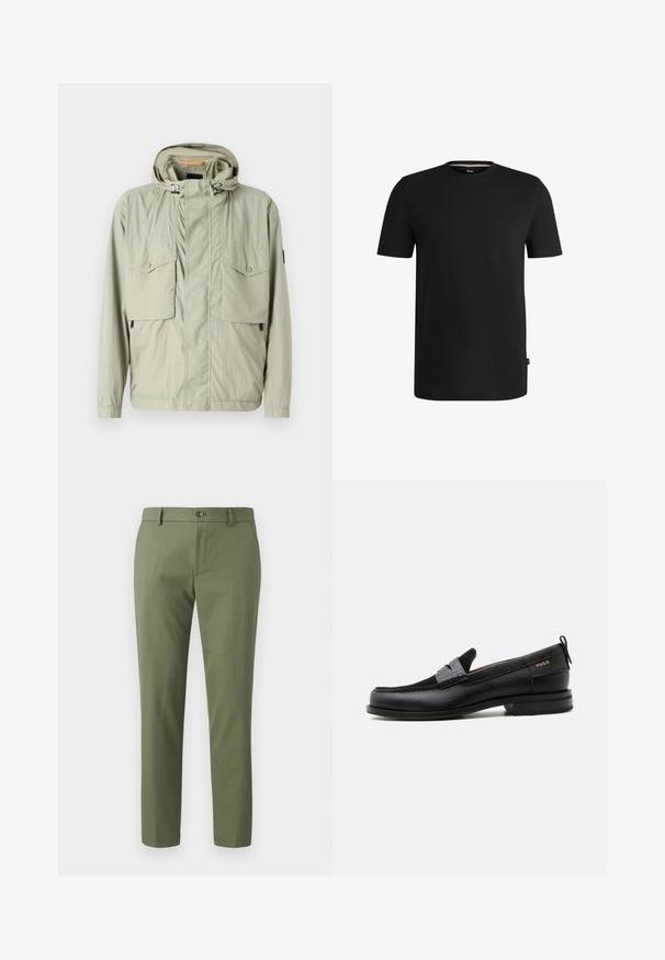 Chaqueta ligera de color verde claro con capucha, dos bolsillos en el pecho y cremalleras laterales. Presenta una textura suave y cordones ajustables.; Camiseta corta negra de algodón suave con cuello redondo. Presenta una sutil etiqueta de la marca en el lado izquierdo cerca del dobladillo.; Pantalones verdes de tejido texturizado, con corte slim, piernas rectas y cierre de botón en la parte delantera. Adecuados para un uso casual o formal.; Mocasín de cuero negro con detalle de tira gris, tacón bajo y suela texturizada, con la marca "HUGO" en oro en el lateral.