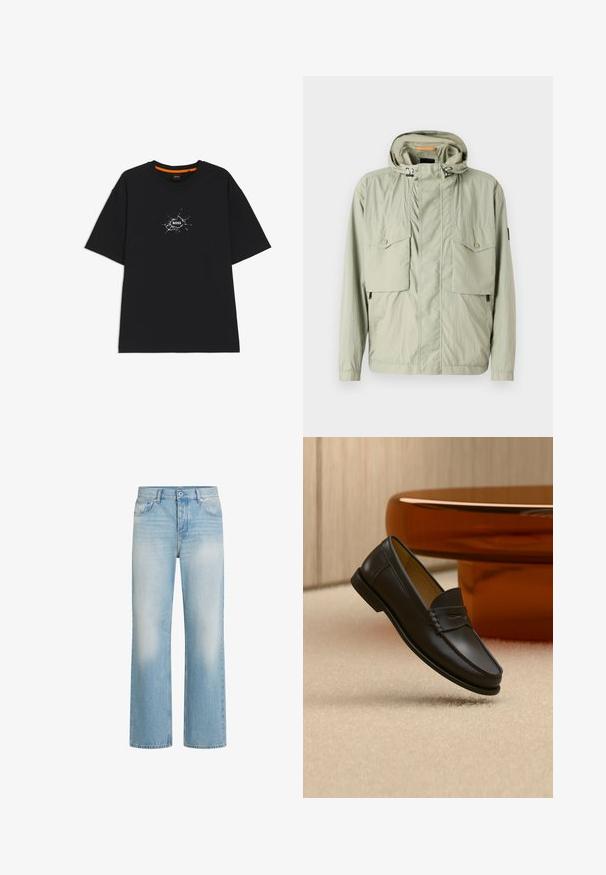 Helle grüne leichte Jacke mit Kapuze, zwei Brusttaschen und seitlichen Reißverschlüssen. Sie hat eine glatte Textur und verstellbare Kordeln.; Schwarzes T-Shirt mit kurzen Ärmeln und Rundhalsausschnitt, in der Mitte ein weißes, rissartiges grafisches Motiv mit dem Wort "BOSS".; Hellblaue Denim-Jeans mit geradem Bein, Waschungseffekten, fünf Taschen, Knopfverschluss und Gürtelschlaufen am Bund.; Schwarzer Leder-Loafer, der über einem hellbeigen Teppich schwebt, mit bernsteinfarbenen modernen Möbeln im Hintergrund.