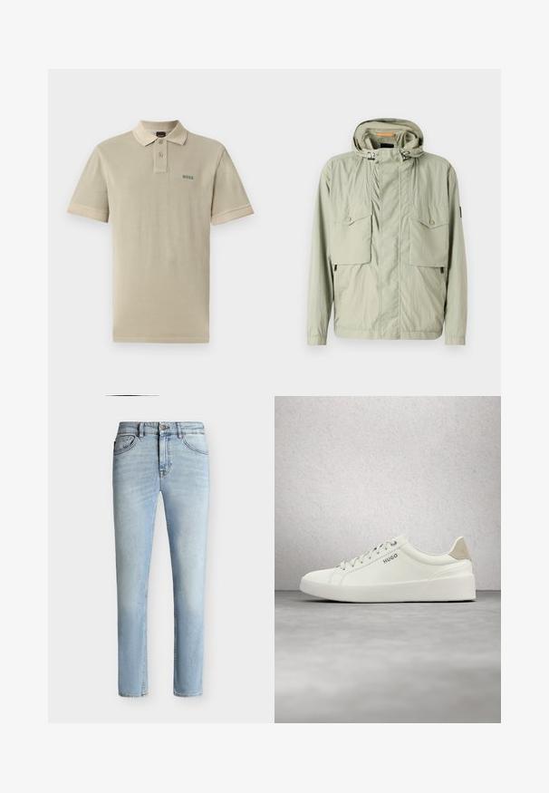Veste légère vert clair avec capuche, deux poches poitrine et zips latéraux. Présente une texture lisse et des cordons de serrage ajustables.; Polo beige en coton avec un col et des poignets contrastés. Doté d'un logo "BOSS" vert sur la poitrine gauche.; Jean slim bleu clair en denim avec bouton et fermeture éclair à l'avant, design cinq poches et décoloration subtile de la cuisse au genou.; Baskets blanches basses avec lacets et languette de talon beige, marquées "HUGO", flottant au-dessus d'un sol en béton poli près d'un mur en blocs de verre.