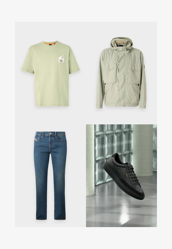 Lys grøn letvægtsjakke med hætte, to brystlommer og sidezipper. Har en glat tekstur og justerbare snore.; Lys grøn bomuld t-shirt med rund hals, korte ærmer og et hvidt logo trykt på brystlommen. Glat tekstur og afslappet pasform.; Mørkeblå denim jeans med lige ben-design, fem lomme-stil og subtil falming. Har en metalknap og bæltestropper.; Sort lavtop sneakers i læder med sorte snørebånd og guld "BOSS" logo, vist i luften mod en glasblokvæg og gråt gulv.
