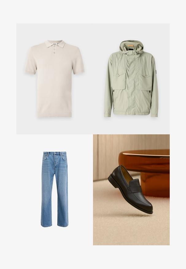 Veste légère vert clair avec capuche, deux poches poitrine et zips latéraux. Présente une texture lisse et des cordons de serrage ajustables.; Polo à manches courtes, couleur beige clair, avec un tissu texturé, une patte de boutonnage à trois boutons, et un col et un ourlet côtelés assortis.; Jeans en denim bleu clair avec une coupe droite, cinq poches, fermeture à bouton, peu d'usure et des détails de couture contrastés.; Mocassin en cuir noir à talon bas flottant au-dessus d'un sol moquetté beige près d'une table ronde marron.