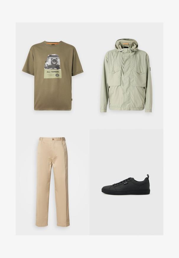 Veste légère vert clair avec capuche, deux poches poitrine et zips latéraux. Présente une texture lisse et des cordons de serrage ajustables.; T-shirt en coton vert à manches courtes, arborant un imprimé graphique d'un véhicule avec le texte "TOUT-TERRAIN" sur un patch carré.; Pantalons beiges en tissu léger, avec une coupe droite, une taille avec passants de ceinture et une fermeture à bouton sur le devant.; Baskets basses noires à fermeture à lacets, semelle plate, avec une petite étiquette "HUGO" sur le côté, présentées de profil sur un fond clair.