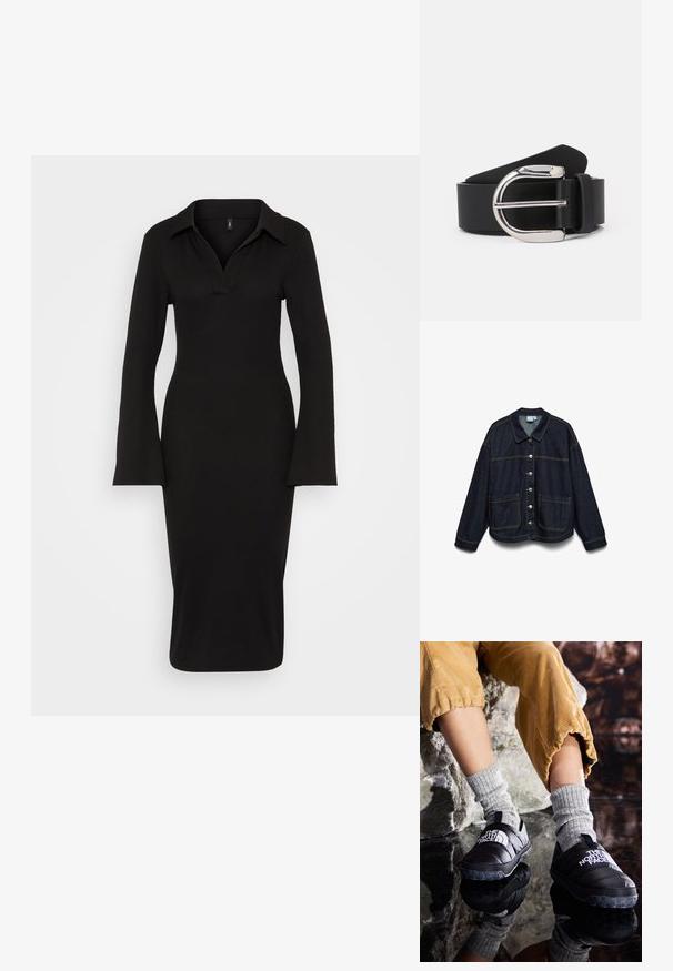 Mørkeblå denimjakke med lange ærmer, frontknaplukning, to store forlommer og kontrastsyning på hvid baggrund.; ONLY ONLCARI V NECK DRESS - Etuikjole - black; Sorte isolerede slip-on sko med teksturerede såler og hvidt logo, iført med grå strikkede strømper, parret med ribbede sennepsfarvede bukser.; Sorte læderbælte med en sølvfarvet metalspænde, der har en glat tekstur og et klassisk design. Remmen er 3,8 cm bred.