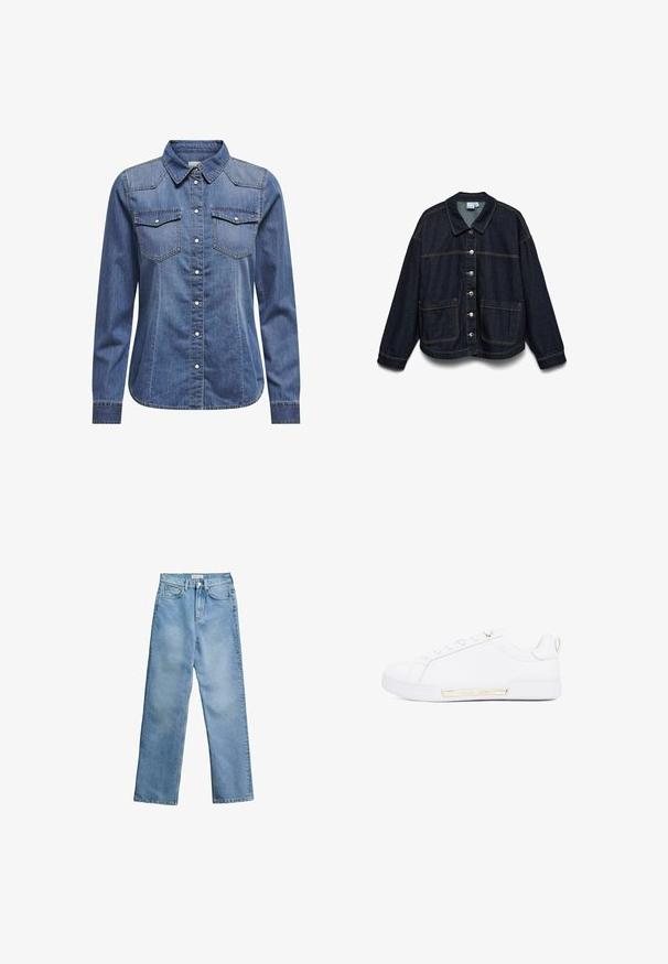 Mørkeblå denimjakke med lange ærmer, frontknaplukning, to store forlommer og kontrastsyning på hvid baggrund.; Denimskjorte i mørkeblå, med krave, lange ærmer, dobbelt brystlomme og kontrasterende syninger.; Lyseblå jeans med høj talje og lige ben, med frontknap og lynlås, bæltestropper og fem-lomme design på hvid baggrund.; Hvide lædersneakers med en glat overflade, minimalistisk design, guldaccent på siden og en let ophøjet hvid gummisål.
