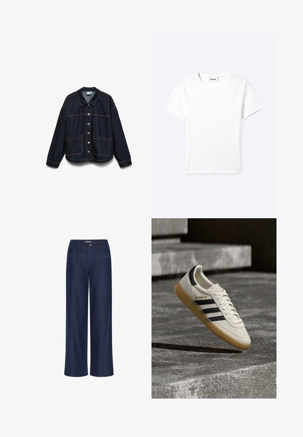 Chaqueta de denim azul oscuro con mangas largas, cierre frontal de botones, dos grandes bolsillos frontales y costuras en contraste sobre un fondo blanco.; Camiseta blanca lisa de manga corta con cuello redondo y una pequeña etiqueta "WEEKDAY" dentro del cuello, mostrada extendida sobre un fondo claro.; ICHI IHFlared - Vaqueros a campana - dark blue; Zapatilla blanca Adidas Spezial con rayas negras y suela de goma flotando sobre escalones de piedra grises al aire libre.