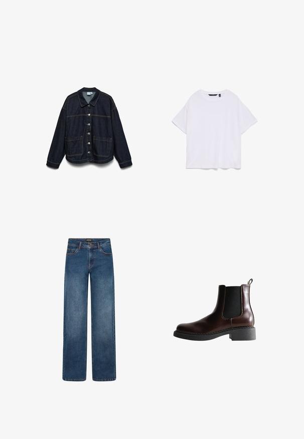 Chaqueta de denim azul oscuro con mangas largas, cierre frontal de botones, dos grandes bolsillos frontales y costuras en contraste sobre un fondo blanco.; Camiseta blanca lisa de algodón de manga corta con cuello redondo, vista desde arriba sobre fondo blanco.; Vaqueros de pierna ancha en lavado azul medio. Cuentan con cinco bolsillos, cierre de botón y cremallera, y costuras doblemente reforzadas. Tejido duradero.; Botín de cuero marrón con paneles laterales elásticos, puntera redonda y suela de goma negra texturizada. Presenta costuras en contraste y una pestaña para facilitar el calce.