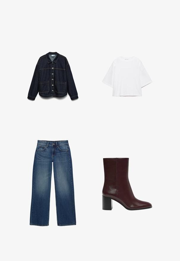 Veste en denim bleu foncé à manches longues, fermeture à boutons sur le devant, deux grandes poches avant et surpiqûres contrastées sur fond blanc.; T-shirt blanc à manches courtes, coupe carrée, en coton doux. Présente un col rond et des manches larges, avec un design épuré et simple.; Jean en denim bleu à jambes larges avec une finition délavée, doté de cinq poches, d'une fermeture frontale par bouton et de détails de coutures visibles.; Bottes à chevilles bourgogne en cuir lisse, avec un bout pointu et un talon épais et texturé noir. Design minimaliste avec des lignes épurées.