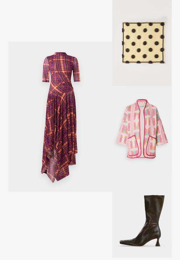 Chaqueta estilo kimono multicolor con un patrón floral, confeccionada en tela ligera, con ribete rosa y dos bolsillos delanteros.; Vestido a cuadros en púrpura y naranja con mangas cortas, cuello alto simulado, dobladillo asimétrico y pliegues fluidos que presentan una mezcla de patrones geométricos.; Bota de cuero negra hasta media caña con punta cuadrada y tacón de bloque ancho sobre fondo blanco liso.; Pañuelo cuadrado beige con lunares negros uniformemente distribuidos y un delgado borde negro sobre fondo blanco.