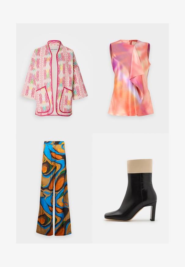 Veste style kimono multicolore à motif floral, en tissu léger, avec une bordure rose et deux poches avant.; Débardeur en satin, orné d'un motif abstrait coloré dans des tons de rose, d'orange et de violet, avec un design drapé à l'avant.; Pantalons à jambe large avec un motif abstrait multicolore comprenant des teintes de bleu, d'orange et de marron. Fabriqués en tissu léger avec une texture lisse.; Botte chelsea noire en cuir avec un accent crème en haut, bout pointu et un talon haut avec des accents argentés. Texture lisse sans motifs visibles.