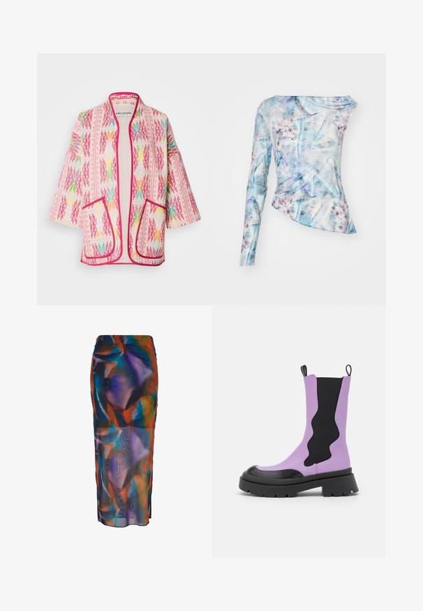 Veste style kimono multicolore à motif floral, en tissu léger, avec une bordure rose et deux poches avant.; Top asymétrique à manches longues dans un motif abstrait bleu et rose, présentant une texture froncée et un col rond. Fabriqué en tissu léger.; Jupe longue en tissu transparent et léger présentant un motif abstrait multicolore. Elle a une taille ajustée et des fentes latérales pour faciliter les mouvements.; NA-KD WAVY ELASTIC BOOTS - Bottes à plateau - black/purple