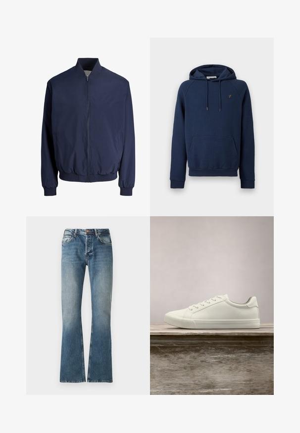 Marineblaue Bomberjacke mit vorderem Reißverschluss, geripptem Kragen, Bündchen und Saum, ausgestattet mit zwei Seitentaschen.; Marineblauer, gerippter Hoodie mit Kängurutasche vorne, Kapuze mit Kordelzug und kleinem gesticktem Emblem auf der linken Brust.; Blaue Jeans aus Denim mit einem verwaschenen Effekt, geradem Bein Schnitt, Knopf- und Reißverschluss und fünf Taschen Design.; Weiße Schnürsneaker, die über einer Holzbank mit grünem Laub im Hintergrund schweben und das Schuhdesign sowie die Textur zeigen.