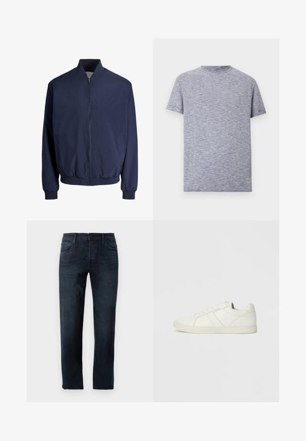 Marineblauwe bomberjack met ritssluiting aan de voorkant, geribde boord, manchetten en zoom, met twee zijzakken.; T-shirt met korte mouwen en ronde hals met dunne horizontale marineblauwe en witte strepen en een klein rechthoekig label vlak bij de zoom.; Donkerblauwe jeans, gemaakt van denim stof, met een rechte pijpdesign, een sluiting met een knop en rits aan de voorkant, en vijf zakken.; Laag uitgesneden witte leren sneaker met vetersluiting en platte rubberen zool, gezien van de binnenkant op een effen achtergrond.