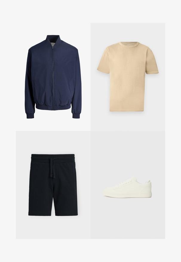 Blouson aviateur bleu marine avec fermeture éclair frontale, col, poignets et ourlet côtelés, doté de deux poches latérales.; T-shirt beige en coton à manches courtes et col rond avec une coupe décontractée et des détails de couture subtils sur un fond clair.; Shorts en maille texturée noire avec taille élastique et cordon, équipés de poches latérales, présentés à plat sur fond blanc.; Baskets blanches avec une tige à texture lisse, bout arrondi et laçage traditionnel, arborant un design minimaliste et une semelle en caoutchouc.