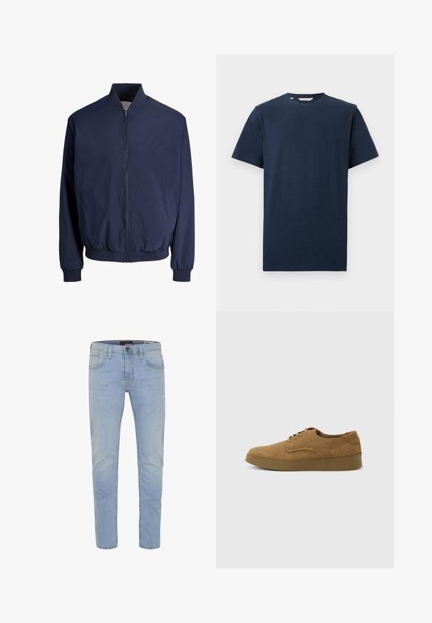 Marineblaue Bomberjacke mit vorderem Reißverschluss, geripptem Kragen, Bündchen und Saum, ausgestattet mit zwei Seitentaschen.; Marineblaues T-Shirt mit kurzen Ärmeln und Rundhalsausschnitt, schlichtes Design, vor weißem Hintergrund dargestellt.; Hellblaue Jeans aus Denim mit geradem Schnitt, Fünf-Taschen-Design und subtilen Stickdetails. Der Stoff hat eine glatte, klassische Textur.; Brauner Wildleder-Schnürschuh für den Alltag mit flacher Gummisohle, von der Seite auf hellem, einfachem Hintergrund gesehen.