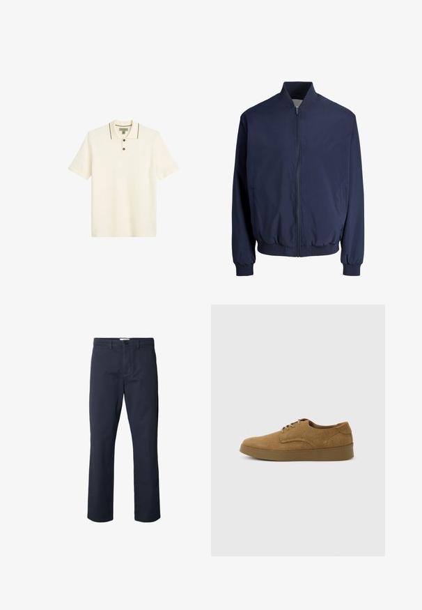 Marineblaue Bomberjacke mit vorderem Reißverschluss, geripptem Kragen, Bündchen und Saum, ausgestattet mit zwei Seitentaschen.; Helles cremefarbenes Polo-Shirt mit einer Drei-Knopf-Leiste, kontrastierenden dunklen Kanten am Kragen und kurzen Ärmeln. Strukturiertes Stoff-Finish.; Dunkelblaue gerade Hose mit Gürtelschlaufen, einem vorderen Knopfverschluss und einem Reißverschluss, dargestellt auf weißem Hintergrund.; Brauner Wildleder-Schnürschuh für den Alltag mit flacher Gummisohle, von der Seite auf hellem, einfachem Hintergrund gesehen.