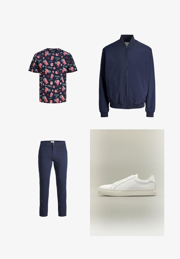 Blouson aviateur bleu marine avec fermeture éclair frontale, col, poignets et ourlet côtelés, doté de deux poches latérales.; T-shirt à manches courtes bleu marine avec des imprimés de Noël rouges et blancs, incluant le Père Noël, des cadeaux et des textes festifs dans divers designs.; Pantalons en coton bleu marine à coupe slim, avec une fermeture à bouton, des passants de ceinture et deux poches avant. Texture lisse, détails minimaux.; Baskets blanches basses à lacets sur l’avant et semelle épaisse, vues de côté sur un fond neutre.