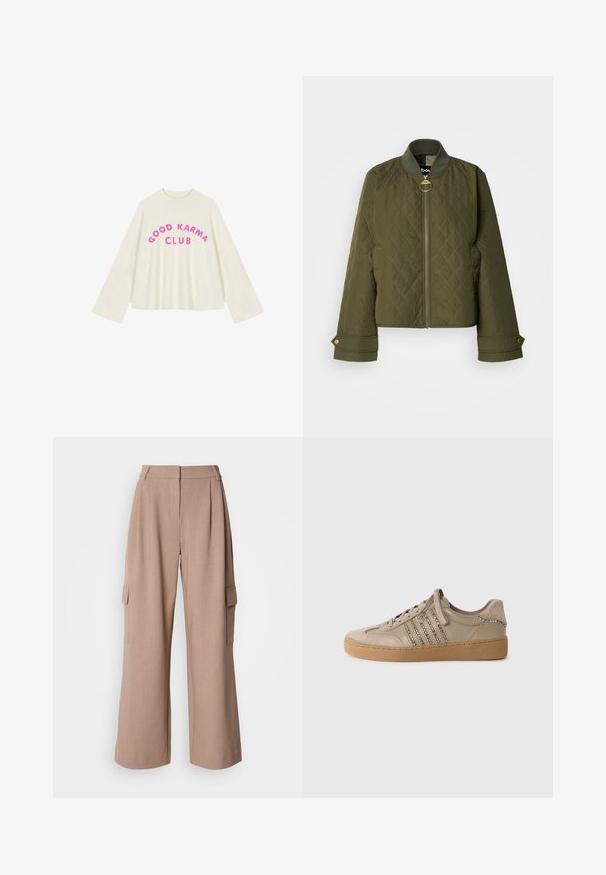 Veste matelassée vert olive avec col côtelé, fermeture éclair frontale avec tirette ronde, poches latérales et poignets à boutons-pression.; Pull oversized couleur crème avec des manches larges. Présente le texte "GOOD KARMA CLUB" en lettres fuchsia en gras sur la poitrine.; Pantalons cargo larges beige avec plis sur le devant, deux poches latérales et tissu robuste. Présente une taille haute et une coupe droite au niveau de l'ourlet.; Baskets en suède beige avec lacets, accents métalliques décoratifs et semelle en caoutchouc. Présentent des bandes perforées et un talon texturé.