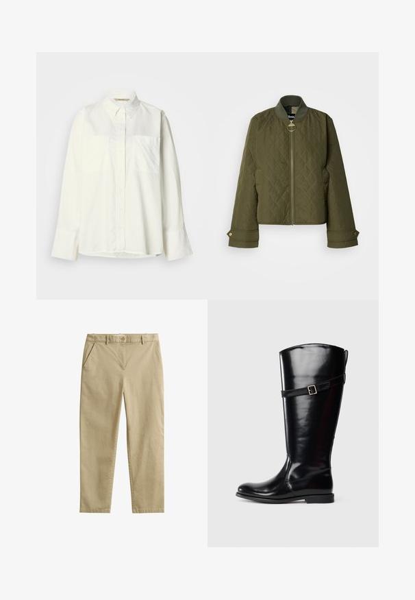 Veste matelassée vert olive avec col côtelé, fermeture éclair frontale avec tirette ronde, poches latérales et poignets à boutons-pression.; Chemise blanche à manches longues en coton avec un col boutonné, deux poches poitrine et un ourlet droit. Présente une texture subtile.; Pantalon beige à coupe droite avec poches avant, passants de ceinture et fermeture à bouton, fabriqué dans un tissu lisse.; Botte en cuir noir haute avec un talon bas et une sangle décorative avec boucle en argent autour du haut du mollet.