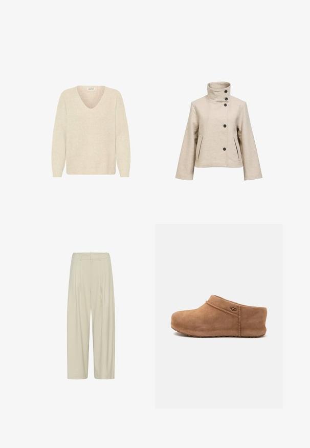 Beige wollen jas met een hoge opstaande kraag, asymmetrische knoopsluiting, lange mouwen en twee voorzakken.; Crème-kleurige trui met een V-hals, ribbelstructuur en lange mouwen. Eenvoudig ontwerp, ongeversierd zonder zichtbare patronen of hardware.; Beige wijde broek met hoge taille, plooi, riemlussen en een verborgen sluiting aan de voorkant.; Bruine suède UGG slip-on klomp met lage hak en afgeronde neus, weergegeven in zijaanzicht op een witte achtergrond.
