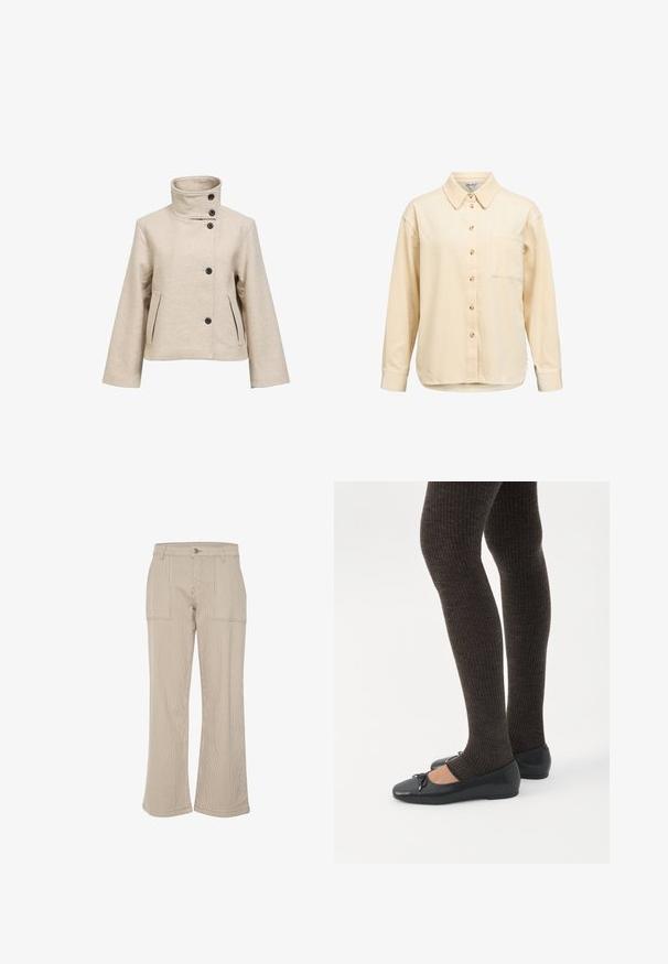 Beige uldjakke med højstående krave, asymmetrisk knaplukning, lange ærmer og to forlommer.; Langærmet, knappet skjorte i lysebeige fløjl med krave, enkelt brystlomme og ribbet tekstur. Knappedetaljer i træ.; Beige kordfløjs bukser med vide ben og lodrette striber, med to forlommer og en enkelt knaplukning. Blød tekstur og afslappet pasform.; Ben iført mørke ribbede leggings kombineret med sorte balletsko med små sløjfedetaljer på hvid baggrund.