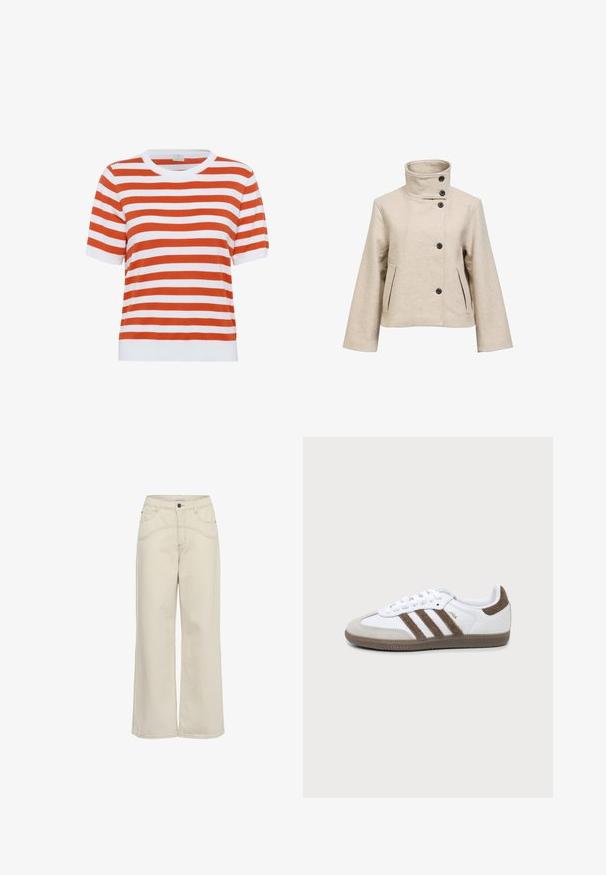 Veste en laine beige avec col montant haut, fermeture asymétrique à boutons, manches longues et deux poches avant.; T-shirt tricot à manches courtes rayé en orange et blanc ; col rond ; texture douce ; coupe droite ; finition avec un ourlet côtelé blanc uni.; Pantalon beige à taille haute et jambes larges, avec poches avant, fermeture par bouton et détails de coutures visibles sur le devant et la ceinture.; Basket Adidas Samba blanche et marron avec trois bandes marron, lacets et semelle texturée, vue de côté sur fond uni.