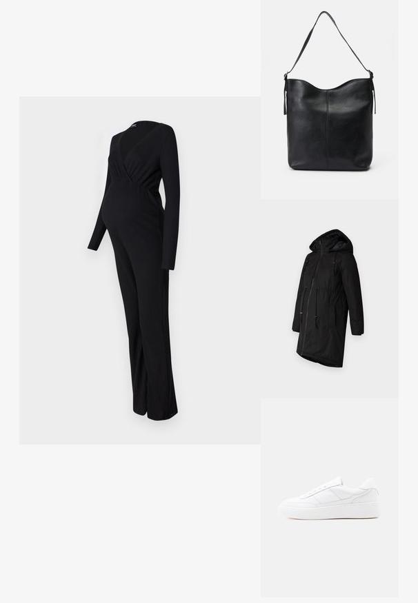 Sort isoleret parka med hætte, frontlys lukning, snøreliv og sidelommer. Glat tekstur med mat finish.; ONLY MATERNITY OLMLITA EMMA - Buksedragter - black; Hvid lavtop-sneaker med tyk sål, snørelukning og diskrete syningsdetaljer på en ensfarvet lys baggrund.; Sort læder skuldertaske med en glat tekstur, rund top, enkelt strop og minimalistisk design uden synligt hardware.