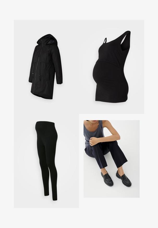 Sort isoleret parka med hætte, frontlys lukning, snøreliv og sidelommer. Glat tekstur med mat finish.; Sort graviditetstrøje med rund udskæring og ærmeløs design, der har en tætsiddende silhuet, som rummer en voksende mave.; Sorte graviditetsleggings med en høj, støttende talje, glat tekstur, tætsiddende design og ingen synlige mønstre eller udsmykninger.; Sorte læderloafers med teksturerede detaljer, lav hæl, rund tå og synlige syninger. Modellen bærer mørke bukser og en grå top.