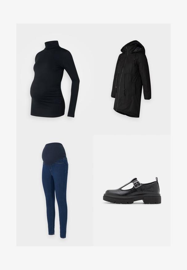 Sort isoleret parka med hætte, frontlys lukning, snøreliv og sidelommer. Glat tekstur med mat finish.; Sort langærmet turtleneck top i strækbart stof, designet til at rumme en gravid mave, med detaljeret side ruching.; Graviditetsjeans i mørkeblå denim, med en strækbar mørk talje og en tætsiddende pasform med lommer.; Sort faux lædersko med krokodillestruktur, rund tå, ankelstrop med metalspænde og en kraftig gummisål.