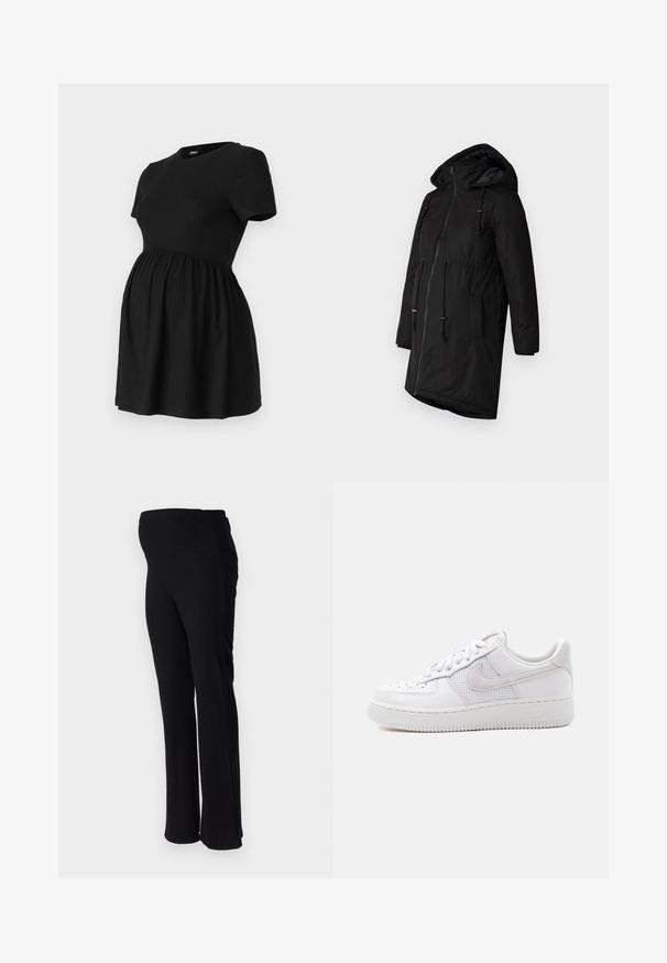 Schwarzer isolierter Parka mit Kapuze, Frontreißverschluss, verstellbarem Taillenzug und Seitentaschen. Glatte Textur mit matter Oberfläche.; ONLY MATERNITY Peplum OLMMALAYA Peplum - T-Shirt basic - black; ONLY MATERNITY OLMHALLE - Stoffhose - black; Weißer Nike Air Force 1 Sneaker mit niedrigem Schaft, weißen Schnürsenkeln, Perforationen an der Zehenkappe und einem Mesh-Einsatz hinter dem Nike-Swoosh-Logo.