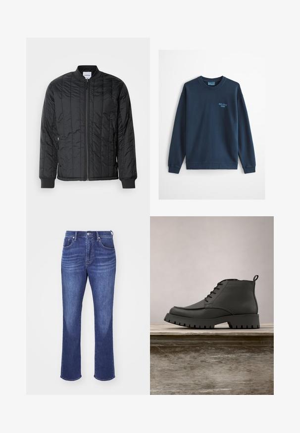 Sort quiltet bomberjakke lavet af nylon, med en frontlynlås, ribbede manchetter og sidelommer. Tekstureret overflade med lodrette stikninger.; Lyseblå crewneck-sweatshirt med lange ærmer og lille "Marc O'Polo Denim"-logo på venstre bryst.; Blå denim jeans med lige ben, der har et fem-lommer design, kobbernitter og subtil blegning på lårene for tekstur.; Sorte læder ankelstøvler med rund tå, snørebånd og en tyk, robust sål med dybe riller. Hævet på en træoverflade.