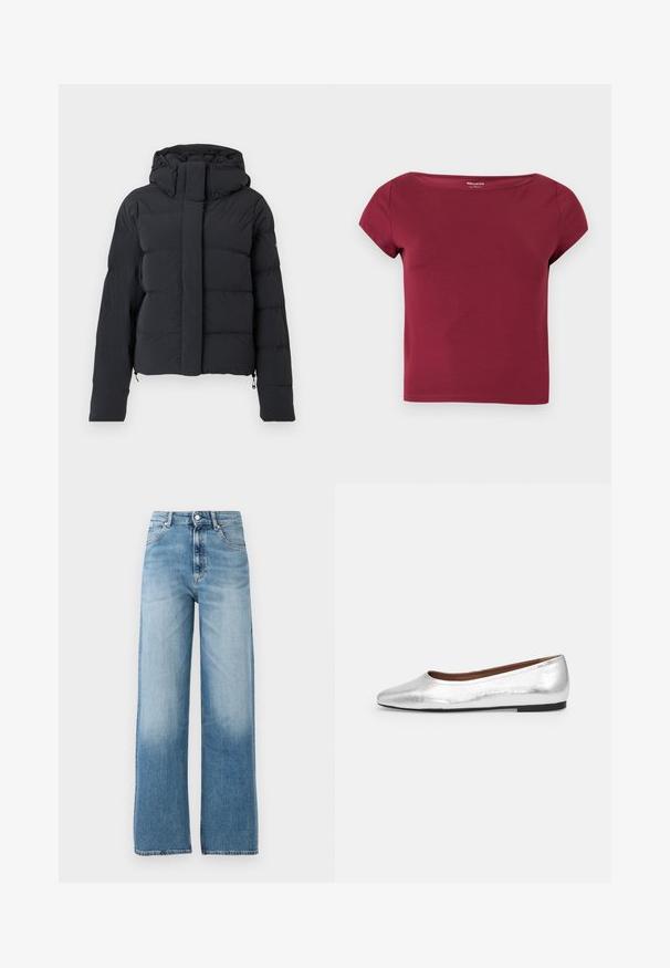 Chaqueta de invierno negra acolchada con capucha, mangas largas y cremallera frontal cubierta por una solapa con botones a presión.; Top corto de manga corta, de color burdeos sólido, con un escote amplio y tela suave, mostrado sobre un fondo liso y claro.; Vaqueros de cintura alta, de pierna ancha y color azul claro. Fabricados en denim, con cierre de botón y cinco bolsillos. Se desvanecen hacia la parte inferior.; Bailarina metálica plateada con punta redonda, textura suave y una suela de goma negra baja. Diseño sencillo sin adornos.