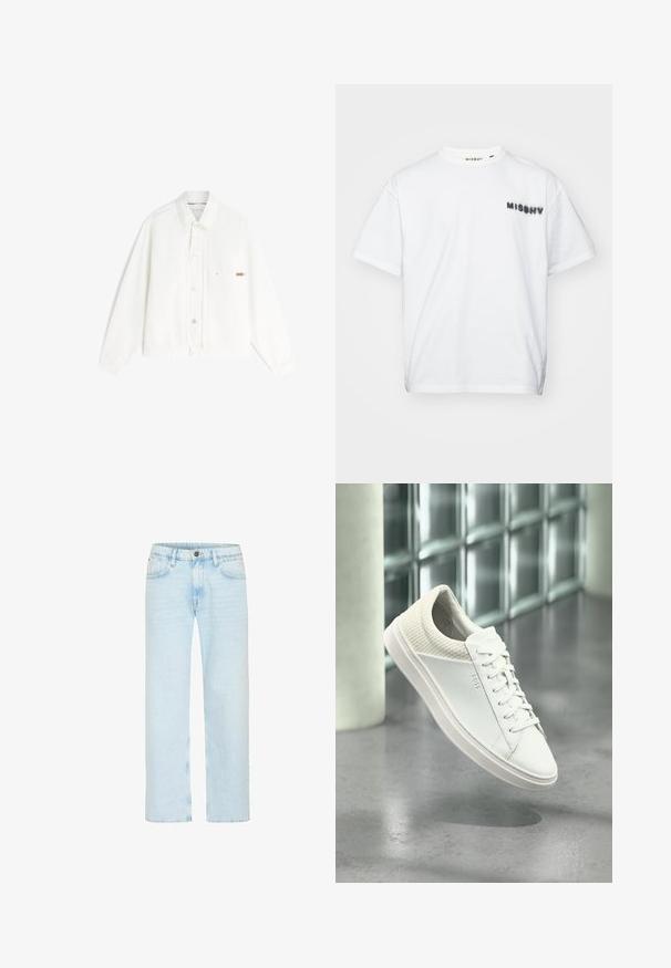 Chaqueta blanca de manga larga con botones delanteros, un pequeño bolsillo en el pecho con una etiqueta y un cuello relajado sobre un fondo liso.; MISBHV COMMUNITY - Camiseta estampada - white; Los jeans de denim azul claro cuentan con un diseño de pierna recta, con un cierre de botón clásico, cinco bolsillos y un ligero desgastado para aportar textura.; Zapatilla blanca de corte bajo con talón acolchado y logotipo lateral "BOSS" de marca, mostrada flotando en el interior sobre un suelo gris pulido.